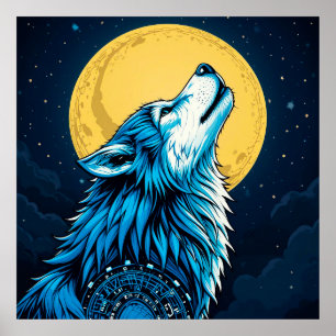 Mystical Blue Wolf Howling auf Vollmond Poster