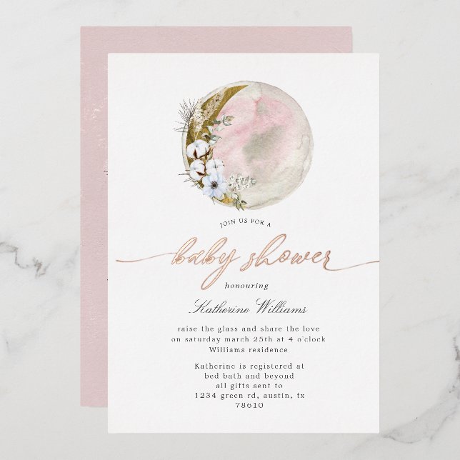 Mystical Bohemisch Moon Baby Shower Foil Einladung (Vorderseite/Rückseite)