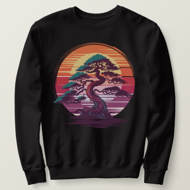 Mystical Bonsai Tree - Retro Sunset Ästhetik Sweatshirt (Design vorne)
