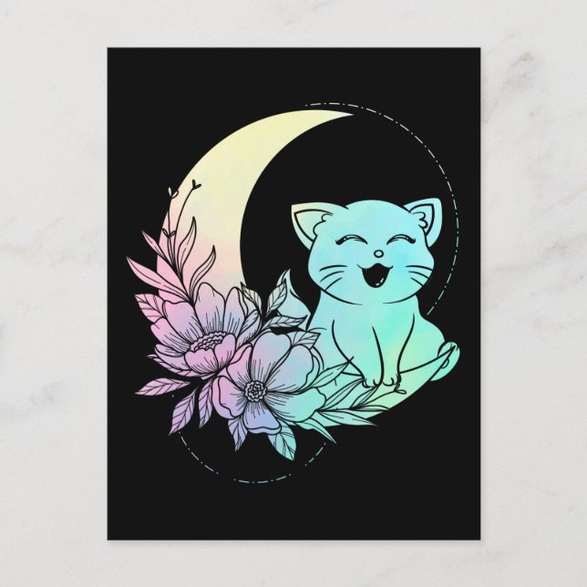 Mystical Cat Crescent Moon Pastel Goth Wicca Postkarte (Vorderseite)