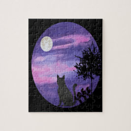 Mystical Cat Under Moon – Dreamy Purple Night Wate