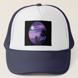 Mystical Cat Under Moon – Dreamy Purple Night Wate Truckerkappe