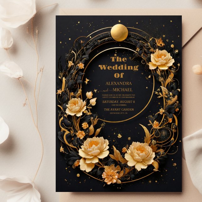 Mystical Celestial Black and Gold Wedding Einladung (Von Creator hochgeladen)