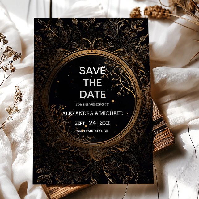 Mystical Celestial Black and Gold Wedding Save The Date (Von Creator hochgeladen)