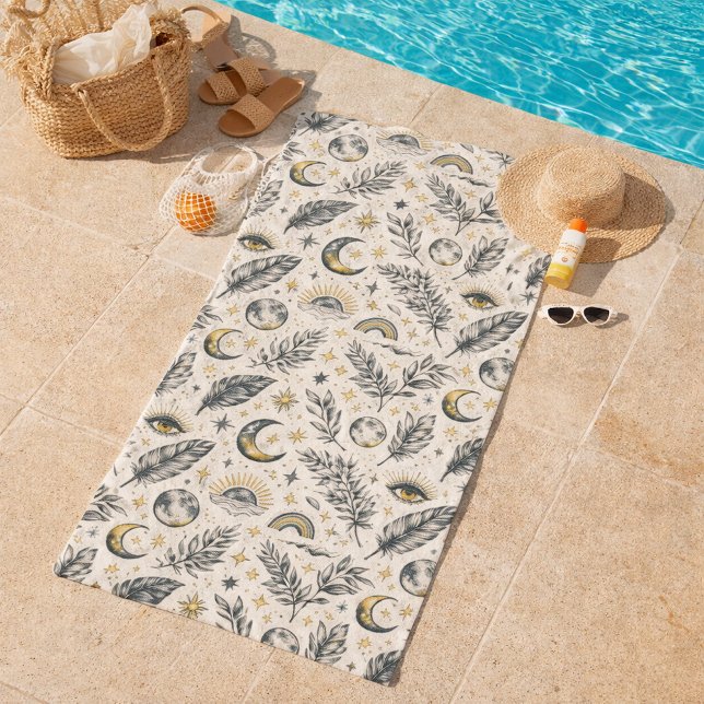 Mystical Celestial Moon Stars Pattern Custom Name Strandtuch (Von Creator hochgeladen)