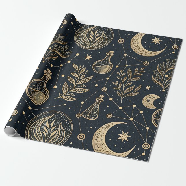 Mystical Celestial Witchcraft - Gold Botanical Geschenkpapier (Ungerollt)