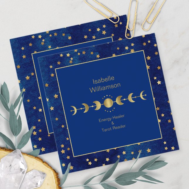 Mystical Celestis Stars Moon Phase Navy Blue Gold Quadratische Visitenkarte (Von Creator hochgeladen)