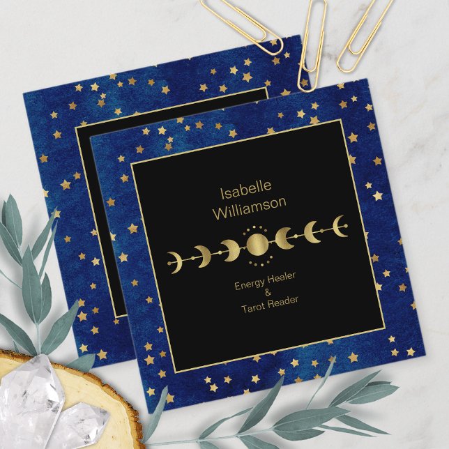 Mystical Celestis Stars Moon Phase Navy Blue Gold Quadratische Visitenkarte (Von Creator hochgeladen)