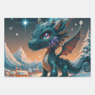 Mystical Chibi Dragon Winter Landschaft Geschenkpapier Set