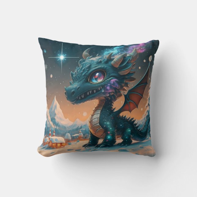 Mystical Chibi Dragon Winter Landschaft Kissen (Vorderseite)