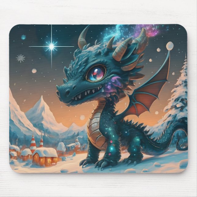 Mystical Chibi Dragon Winter Landschaft Mousepad (Vorne)