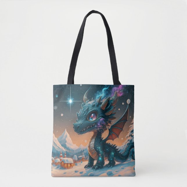 Mystical Chibi Dragon Winter Landschaft Tasche (Vorderseite)