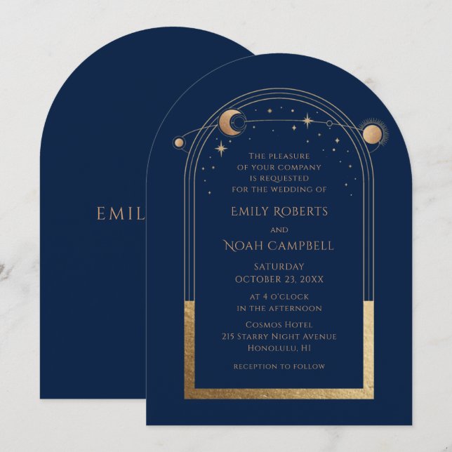 Mystical Chic Blue Gold Star Moon Astronomie Space Einladung (Vorne/Hinten)