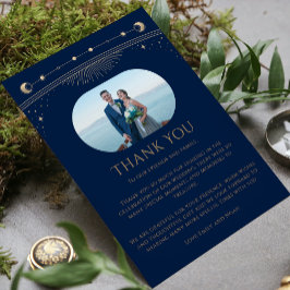Mystical Chic Blue Gold Star Moon Foto Hochzeit Dankeskarte