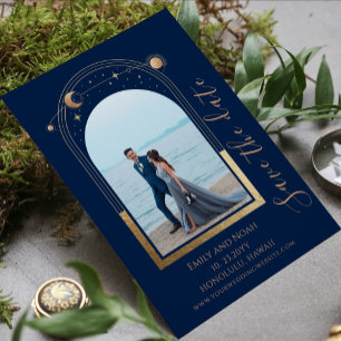 Mystical Chic Blue Gold Sun Moon Star Space Save The Date