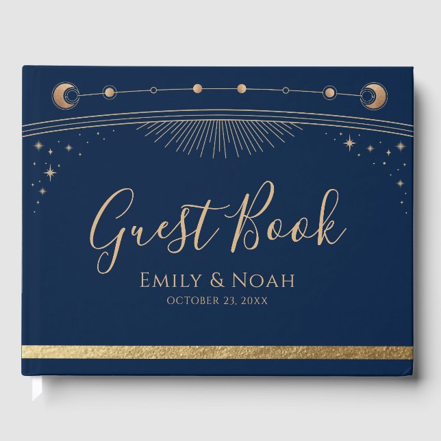 Mystical Chic Blue Gold Sun Moon Stars Hochzeit Gästebuch (Vorderseite)