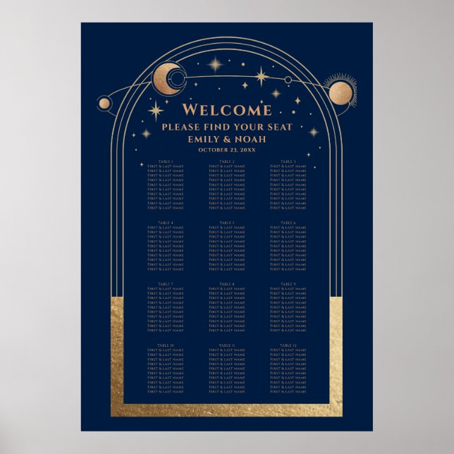 Mystical Chic Blue Gold Sun Moon Stars Hochzeit Poster (Vorne)