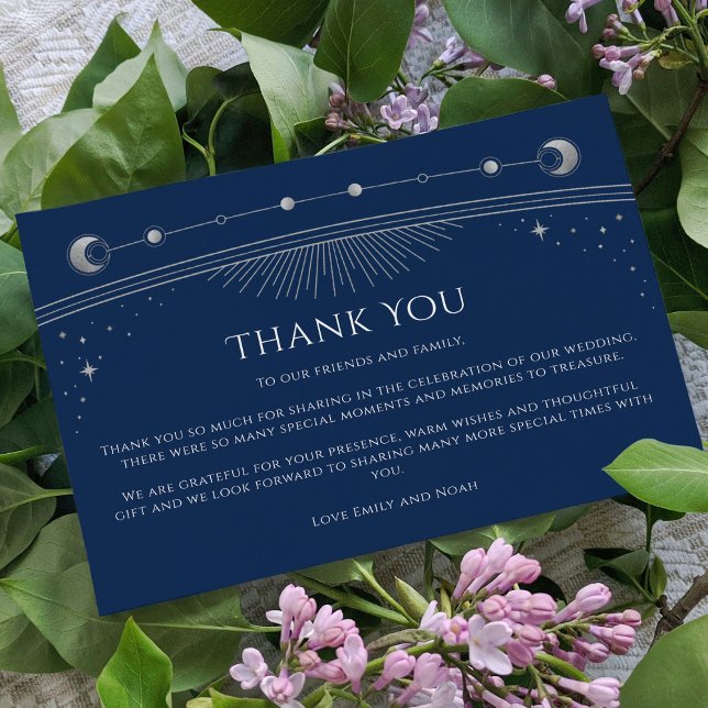 Mystical Chic Blue Silver Star Moon Foto Wedding Dankeskarte (Von Creator hochgeladen)