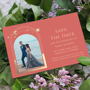 Mystical Coral Gold Sun Star Moon Astronomie Space Save The Date