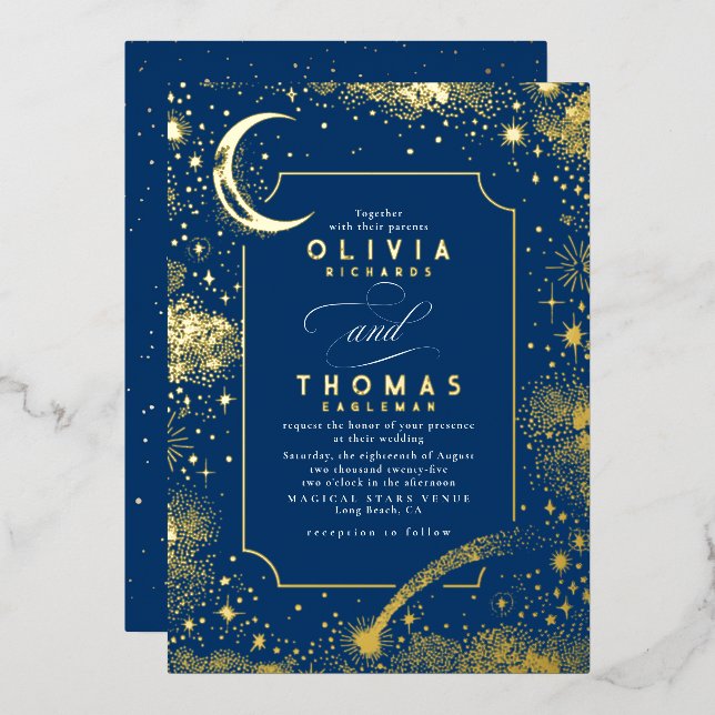 Mystical Crescent Moon Starry Night Boho Wedding Folieneinladung (Vorderseite/Rückseite)