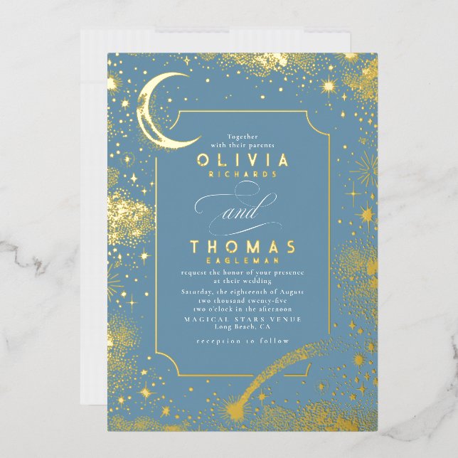 Mystical Crescent Moon Starry Night Boho Wedding Folieneinladung (Briefumschlag)
