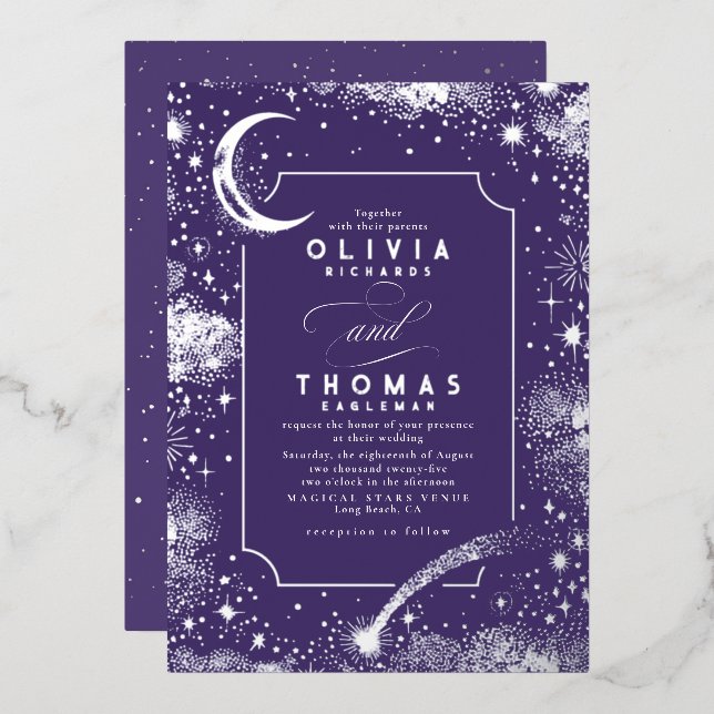 Mystical Crescent Moon Starry Night Boho Wedding Folieneinladung (Vorderseite/Rückseite)