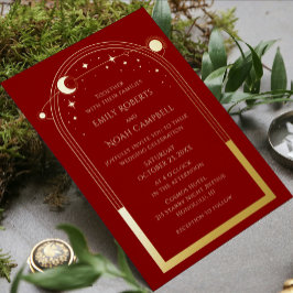 Mystical Dark Red Gold Celestial Foto Wedding Folieneinladung