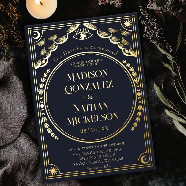 Mystical Elegant Gold Navy Tarot Gothic Wedding Folieneinladung (Von Creator hochgeladen)