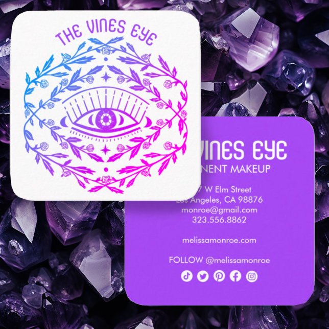 Mystical Eye Rose Reben Magischer Boho Quadratische Visitenkarte (Cool boho botanical eye line art in purple on these custom square business cards w social icons)