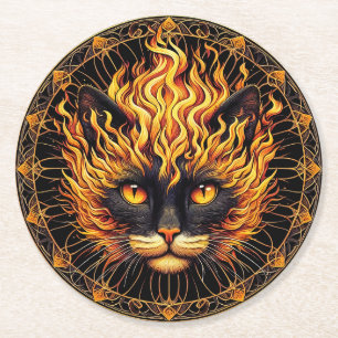 Mystical Fire Cat Mandala Design Runder Pappuntersetzer