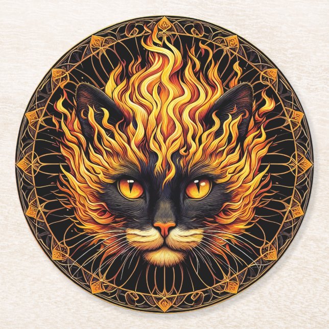 Mystical Fire Cat Mandala Design Runder Pappuntersetzer (Vorderseite)