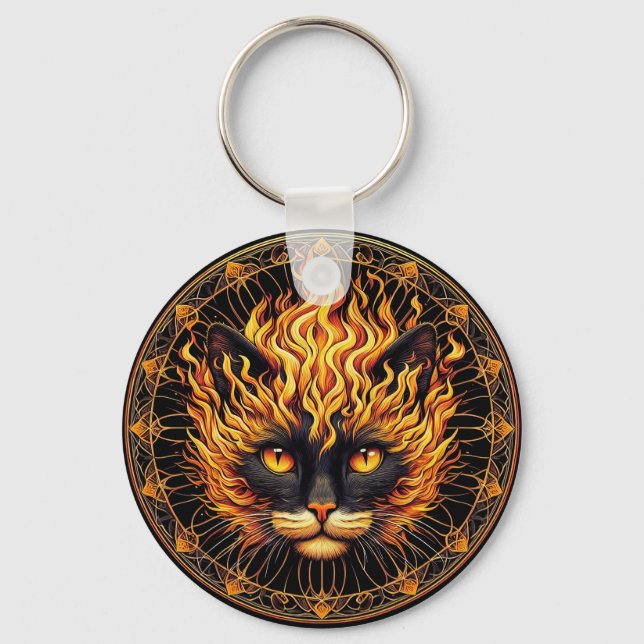 Mystical Fire Cat Mandala Design Schlüsselanhänger (Vorderseite)