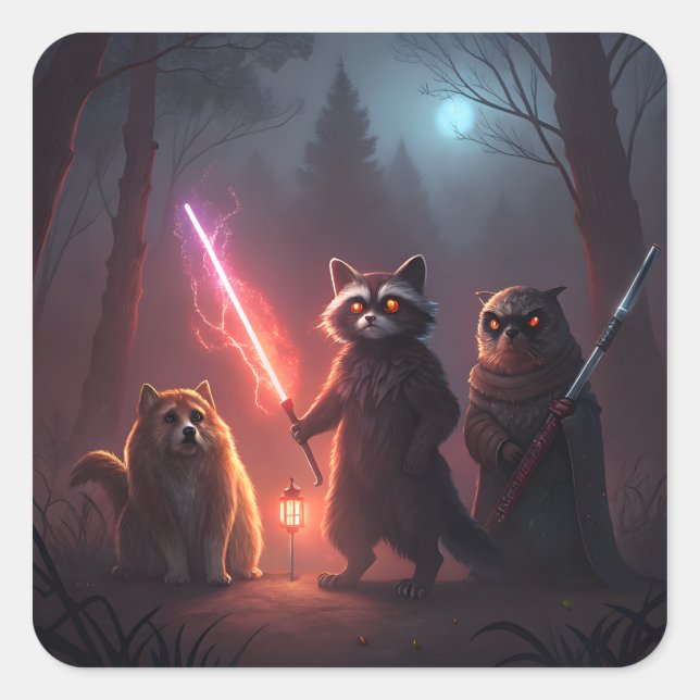 Mystical Forest Battle Animals Art Quadratischer Aufkleber (Vorderseite)