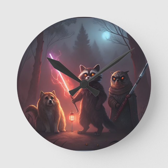 Mystical Forest Battle Animals Art Runde Wanduhr (Vorderseite)