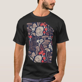 Mystical Fungi Mitternacht Blue Hintergrund Brown  T-Shirt