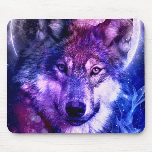 Mystical Galaxy Wolf-Gesicht mit Vollmond Mousepad (Vorne)