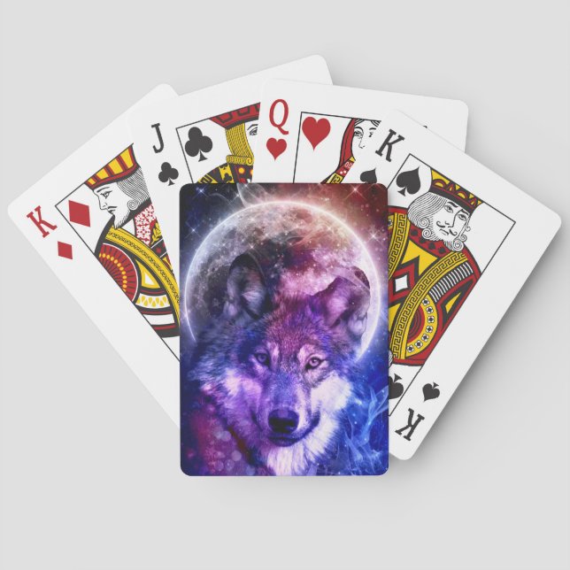 Mystical Galaxy Wolf-Gesicht mit Vollmond Spielkarten (Rückseite)