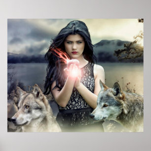 Mystical Girl with Fire Ball and Wolves Poster