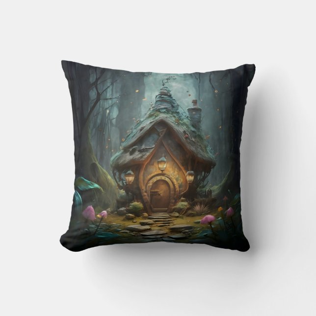 "Mystical Gnome Hütte: Whimsical Mushroom Haven Kissen (Vorderseite)
