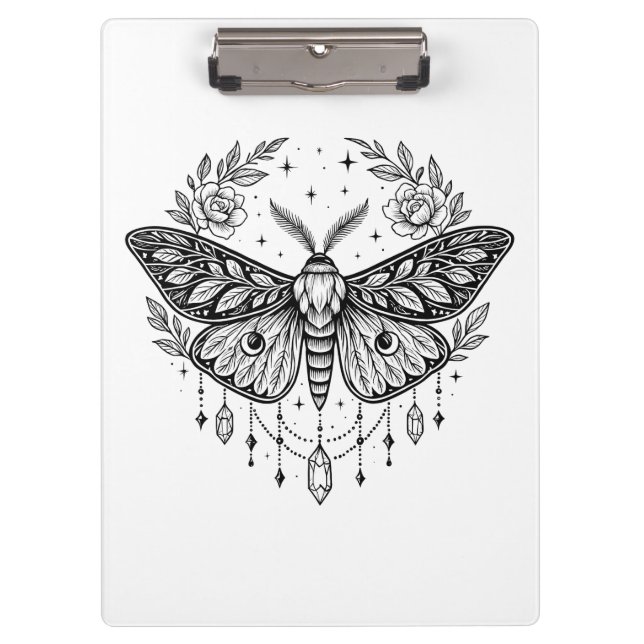 Mystical Gothic Moth Botanical Celestial Line Art Klemmbrett (Vorderseite)