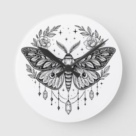 Mystical Gothic Moth Botanical Celestial Line Art Runde Wanduhr
