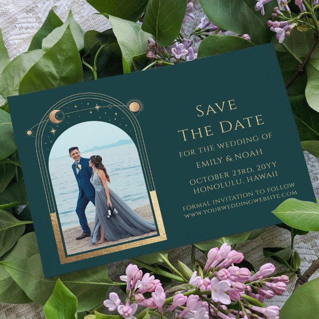 Mystical Green Gold Sun Moon Star Space Save The Date (Von Creator hochgeladen)