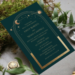 Mystical Green Gold Sun Moon Stars Foto Wedding Einladung
