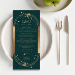 Mystical Green Gold Sun Moon Stars Hochzeit Menükarte<br><div class="desc">Mystische Green Gold Sun Moon Stars Astronomie Celestial Galaxy Cosmic Wedding Cards mit Sonne, Mond und Sternen mit einem goldenen Rahmen auf einem grünen Hintergrund mit Ihren Menüdetails in der Mitte in modernen Gold-Kalligraphie-Skript. Personalisieren Sie den Text durch Bearbeiten in den bereitgestellten Textfeldern. Für Sie entworfen von Evco Studio www.zazzle.com/store/evcostudio...</div>