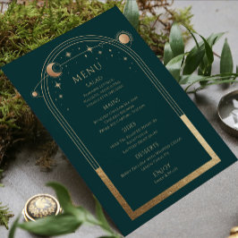 Mystical Green Gold Sun Moon Stars Hochzeit Menükarte