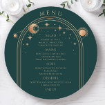 Mystical Green Gold Sun Moon Stars Space Wedding Menükarte<br><div class="desc">Mystical Green Gold Sun Moon Stars Space Wedding Menu Cards verfügen über einen goldenen Rahmen für Sonne, Mond und Sterne auf einem grünen Hintergrund. In der Mitte finden Sie Ihre Menüdetails in der modernen Goldkalligraphie. Personalisieren Sie den Text durch Bearbeiten in den bereitgestellten Textfeldern. Entworfen für Sie von Evco Studio...</div>