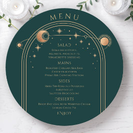 Mystical Green Gold Sun Moon Stars Space Wedding Menükarte
