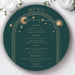 Mystical Green Gold Sun Moon Stars Space Wedding Menükarte<br><div class="desc">Mystical Green Gold Sun Moon Stars Space Wedding Menu Cards verfügen über einen goldenen Rahmen für Sonne, Mond und Sterne auf einem grünen Hintergrund. In der Mitte finden Sie Ihre Menüdetails in der modernen Goldkalligraphie. Personalisieren Sie den Text durch Bearbeiten in den bereitgestellten Textfeldern. Entworfen für Sie von Evco Studio...</div>