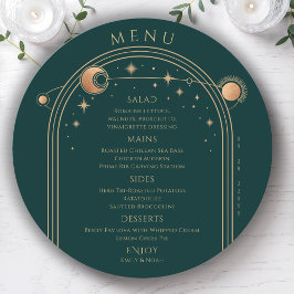 Mystical Green Gold Sun Moon Stars Space Wedding Menükarte