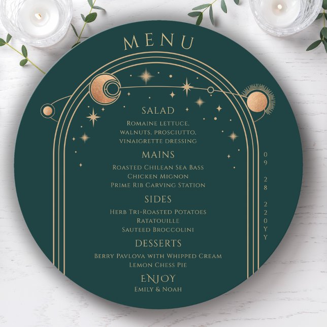 Mystical Green Gold Sun Moon Stars Space Wedding Menükarte (Von Creator hochgeladen)